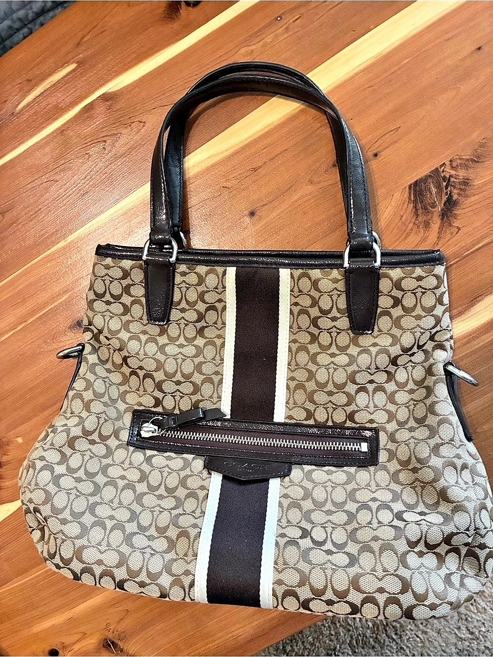 NWOT !! Coach Chelsea Heritage Stripe Tote F15137 Brown & Black missing strap!!!